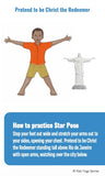 Illustration of a child in a star pose with text on how to practice it, resembling Christ the Redeemer statue.